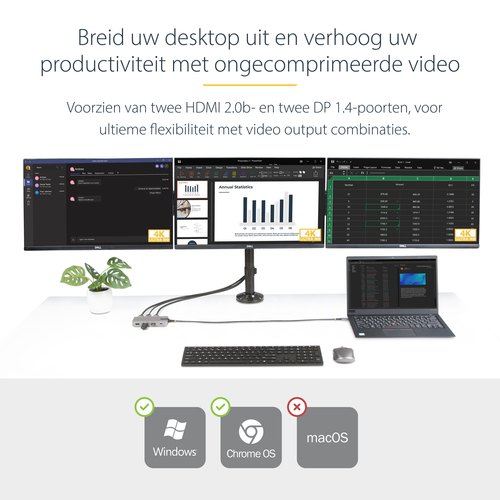 StarTech.com USB-C Triple Monitor Multiport Adapter, Dual 4K 60Hz + 4K 30Hz HDMI & DisplayPort, 3-Port USB Hub, 10Gbps, 100W PD Pass-Through, GbE, Travel Dock, Windows & ChromeOS