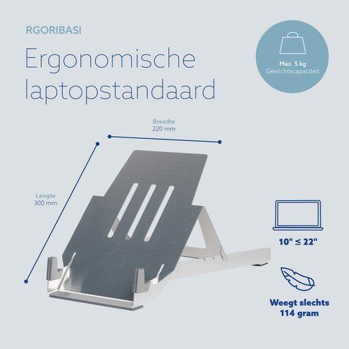 R-Go Tools Laptophouder R-Go Riser Basic, inklapbare en verstelbare laptopverhoger, aluminium, zilver