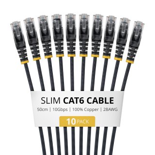 50cm Black Slim CAT6 Cable 10 Pack