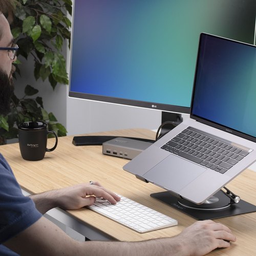 StarTech.com Draaibare Laptopstandaard, 360 Roterende Laptophouder voor Computer, Verhoogd plateau met Verstelbare Kanteling, Max 5kg, Aluminium