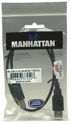 Manhattan USB-A naar USB-B kabel, 0,5 m, USB 2.0, 480 Mbps, Hi-Speed USB, zwart, levenslange garantie, equivalent van USB2HAB50CM
