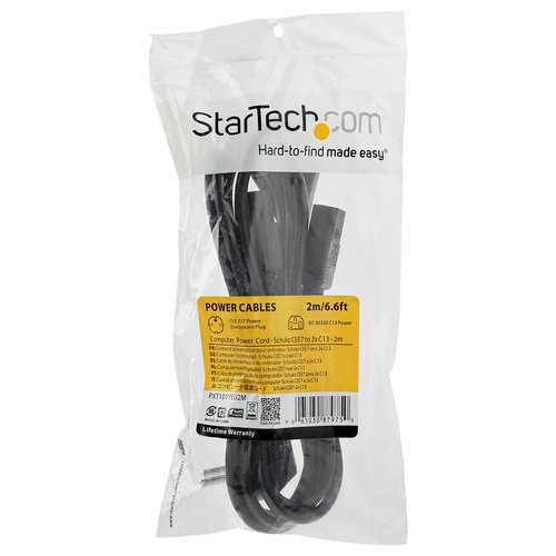 StarTech.com 2m Computer Splitter Stroomkabel, 18AWG, EU Schuko naar 2x C13, 10A 250V, Zwart, AC Vervangkabel, Printer Voedingskabel, PC Power Supply Kabel, TV/Monitor Electriciteitssnoer, UL-Listed
