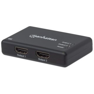 Manhattan HDMI-splitter met 2 poorten, 4K@30 Hz, dupliceert het signaal van 1 HDMI-bron naar 2 schermen (zelfde signaal op beide), netvoeding (kabel van 0,9 m), zwart, 3 jaar garantie