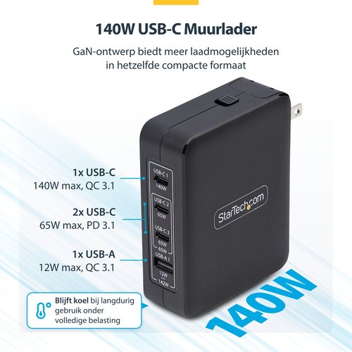StarTech.com 140W USB-C Wandlader, 3x USB-C/1x USB-A, APFC, PD 3.1 Internationale GaN Power Adapter voor MacBook/Dell XPS/Inspiron