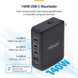 StarTech.com 140W USB-C Wandlader, 3x USB-C/1x USB-A, APFC, PD 3.1 Internationale GaN Power Adapter voor MacBook/Dell XPS/Inspiron