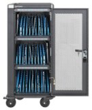 Manhattan USB-C-laadtrolley voor 30 apparaten, 30 W per poort, iPad tot 13", MacBook Air tot 13" en Chromebook tot 14"; ook tablets/smartphones, vakken 404 × 27,6 × 283 mm, USB-C-laadkabels inbegrepen, afsluitbaar