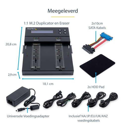 StarTech.com Standalone Dual Bay M.2 SATA/NVMe Duplicator/Wisser, HDD/SSD Cloner voor M.2 PCIe AHCI/NVMe/SATA, NIST 800-88 & DoD 5220.22-M Secure Erase, 2.5/3.5in Schijven, Hard Drive Sanitizer