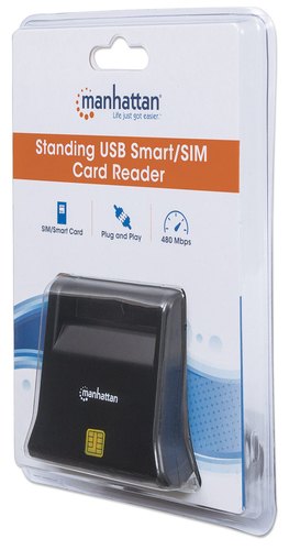 Manhattan USB-A smartcard-/SIM-kaartlezer, 480 Mbps (USB 2.0), verticaal desktopontwerp, frictie-insteekslot, kabel van 86 cm, zwart, 3 jaar garantie