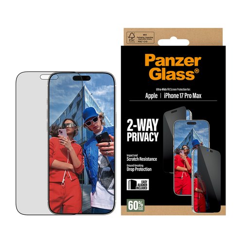 PanzerGlass ® 2-Way Privacy Screen Protector iPhone 17 Pro Max | Ultra-Wide Fit w. EasyAligner Doorzichtige schermbeschermer Apple 1 stuk(s)