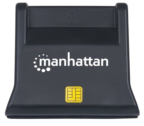 Manhattan USB-A smartcard-/SIM-kaartlezer, 480 Mbps (USB 2.0), verticaal desktopontwerp, frictie-insteekslot, kabel van 86 cm, zwart, 3 jaar garantie
