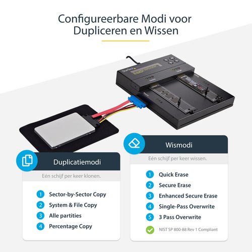 StarTech.com Standalone Dual Bay M.2 SATA/NVMe Duplicator/Wisser, HDD/SSD Cloner voor M.2 PCIe AHCI/NVMe/SATA, NIST 800-88 & DoD 5220.22-M Secure Erase, 2.5/3.5in Schijven, Hard Drive Sanitizer