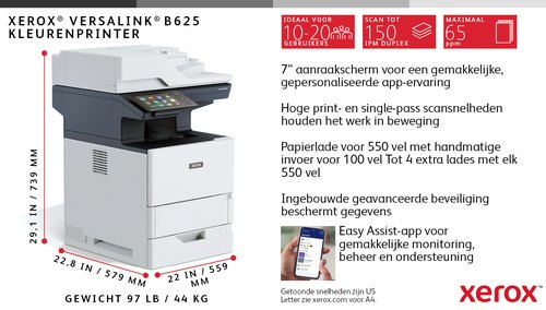 Xerox VersaLink B625 A4 61 ppm dubbelzijdig kopiëren en printen, scannen en faxen, geschikt voor PS3 PCL5e/6 2 laden voor max. 650 vel