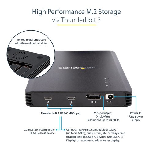 StarTech.com 4 Bay Thunderbolt 3 NVMe Behuizing voor M.2 NVMe SSD Drives, SSD M.2 Enclosure, 1x DisplayPort Video/ 2x TB3 Downstream Poorten, 40Gbps, 72W Power Supply, Externe Harde Schijf Behuizing