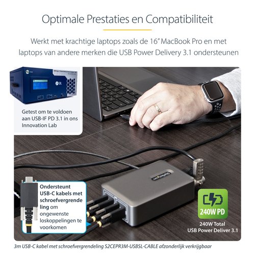 StarTech.com 4-Port Multi-Device USB-C Oplader, Totaal 240W, Single Port 140W EPR, PD 3.1, Poorten met Schroefvergrendeling, Opbouwmontage, Ideaal voor Vergaderzalen