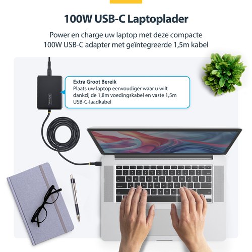 StarTech.com 100W USB-C Laptop Oplader met 1,5m Geïntegreerde USB-C Kabel, Power Adapter Brick voor Dell, XPS, HP ProBook, MacBook Pro, Microsoft Surface Pro