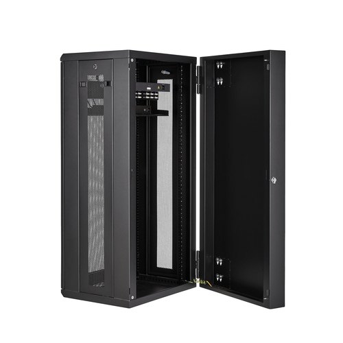StarTech.com 4 Post 26U Wandmonteerbare Netwerkkast met 1U Schap, 19" Scharnierende Patchkast voor Data/AV/Electronica/Computer Apparatuur, Veelzijdig Geventileerd Server Rack, Vergrendelbaar
