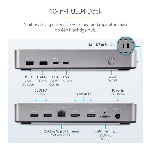 StarTech.com Dual-Monitor USB4 Docking Station, Dual 4K 120Hz of Single 8K 60Hz HDMI, 100W Laptop Charging, 2.5GbE, USB-C Multi-Monitor Dock, Zonder Drivers