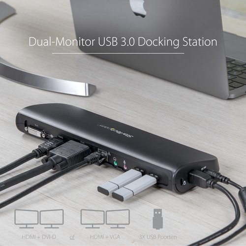 StarTech.com Dual Monitor USB 3.0 Laptop Docking Station met HDMI/DVI/VGA, 3x USB-A Hub, GbE, Audio, Universeel Type-A Dock voor Windows/macOS/ChromeOS, TAA Compliant