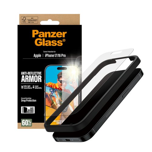 PanzerGlass ® Anti-Reflective Armor Screen Protector iPhone 17 | iPhone 16 Pro w. EasyAligner Doorzichtige schermbeschermer Apple 1 stuk(s)