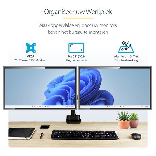StarTech.com Dubbele Monitor Arm voor Bureaumontage, Full Motion Monitorbeugel voor 2x VESA-displays tot 32" (8kg), Verticale Stapelbare Armen, Hoogte verstelbaar/Articulerend - Bureauklem/Doorvoertule