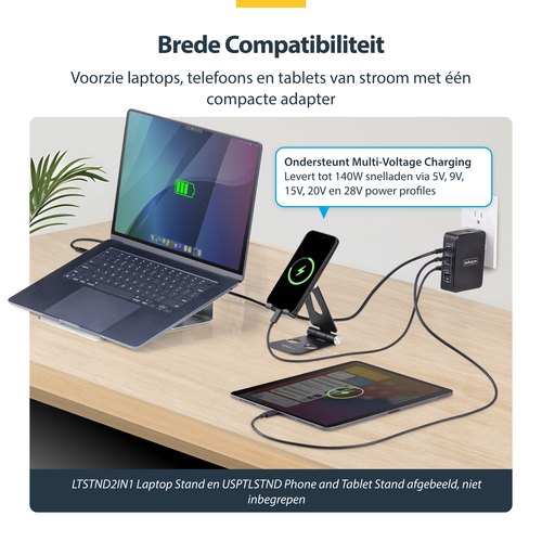 StarTech.com 140W USB-C Wandlader, 3x USB-C/1x USB-A, APFC, PD 3.1 Internationale GaN Power Adapter voor MacBook/Dell XPS/Inspiron