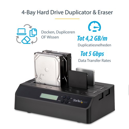 StarTech.com 4-Bay Hard Drive Cloner en Wisser, Standalone 1:3 HDD/SSD Kloner/Copier/Earser, USB 3.0/eSATA naar SATA Docking Station, Hard Disk Duplicator en Secure Erase Dock, Toolless/Top-Loading Ontwerp