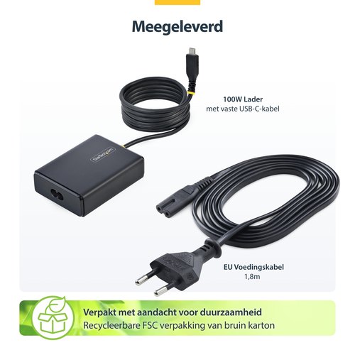 StarTech.com 100W USB-C Laptop Oplader met 1,5m Geïntegreerde USB-C Kabel, Power Adapter Brick voor Dell, XPS, HP ProBook, MacBook Pro, Microsoft Surface Pro