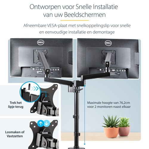 StarTech.com Dubbele Monitor Arm voor Bureaumontage, Full Motion Monitorbeugel voor 2x VESA-displays tot 32" (8kg), Verticale Stapelbare Armen, Hoogte verstelbaar/Articulerend - Bureauklem/Doorvoertule
