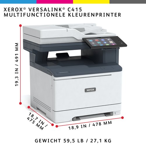Xerox VersaLink C415 A4 40 ppm dubbelzijdig kopiëren en printen, scannen en faxen, geschikt voor PS3 PCL5e/6 2 laden voor max. 251 vel
