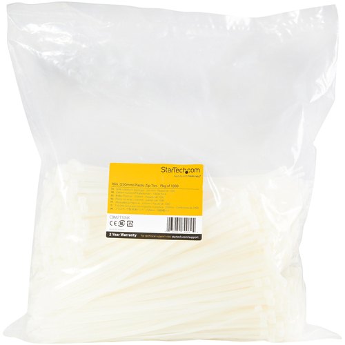 StarTech.com 25 cm Witte Kabelbinders 4 mm Breed, 68 mm Bundeldiameter, 22 kg Treksterkte Zelfsluitende Snelbinders uit Nylon met Gebogen Punt, 94V-2/UL Listed, 1000 stuks