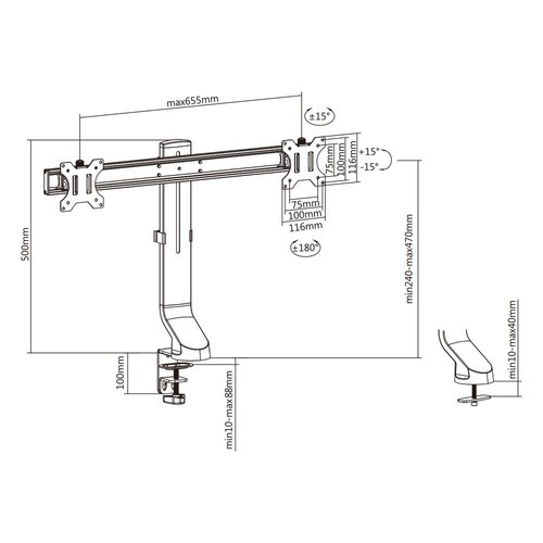 ACT Monitorarm 27" office, crossbar, 2 schermen, eenvoudig in hoogte verstelbaar