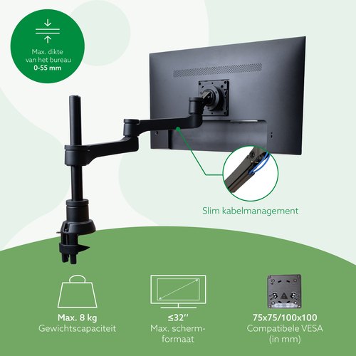 R-Go Tools Monitorarm R-Go Zepher, verstelbare enkele monitorarm, 100% circulair, tot 8 kg draagvermogen, zwart