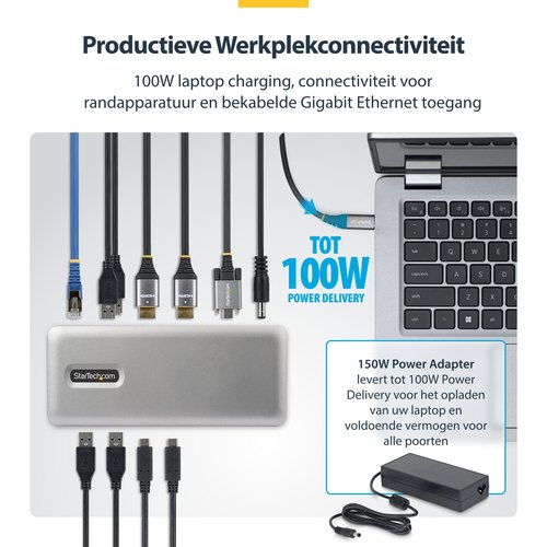 StarTech.com Dual-Monitor USB-C Docking Station, HDMI, 4K 60Hz, 100W Laptop Charging, 1GbE, Driverless, Multi-Monitor Dock voor Windows