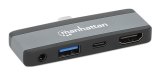 Manhattan USB-C travel dock, HDMI, USB-A, USB-C en 3,5 mm audio, met Power Delivery (PD) 100 W - vereist een externe USB-C-lader (niet inbegrepen). USB-gevoed (geen externe voeding vereist) wanneer PD niet wordt gebruikt