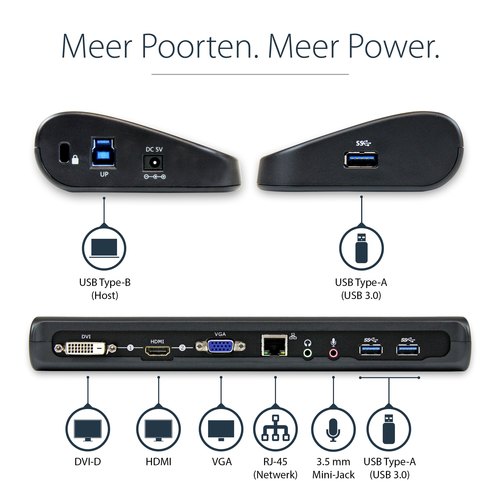 StarTech.com Dual Monitor USB 3.0 Laptop Docking Station met HDMI/DVI/VGA, 3x USB-A Hub, GbE, Audio, Universeel Type-A Dock voor Windows/macOS/ChromeOS, TAA Compliant