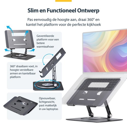 StarTech.com Draaibare Laptopstandaard, 360 Roterende Laptophouder voor Computer, Verhoogd plateau met Verstelbare Kanteling, Max 5kg, Aluminium