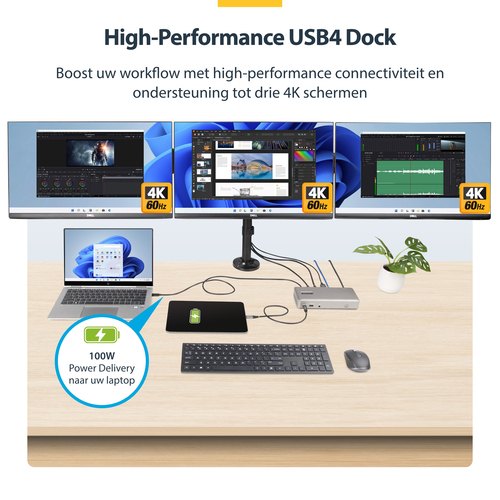 StarTech.com Triple-Monitor USB4 Docking Station, 4K 60Hz HDMI of DisplayPort, 100W Laptop Charging, 2.5GbE, USB-C Multi-Monitor Dock, Zonder Drivers