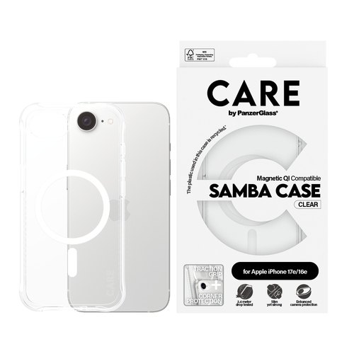 PanzerGlass CARE™ by ® Samba Case Transparent w. White Qi Compatible iPhone 17e | 16e mobiele telefoon behuizingen Hoes Transparant