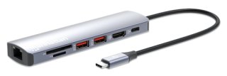 Manhattan USB-C dock/hub met kaartlezer, poorten (5): Ethernet, HDMI, USB-A (2×) en USB-C, met Power Delivery (PD) 100 W - vereist een externe USB-C-lader (niet inbegrepen). USB-gevoed (geen externe voeding vereist) wanneer PD niet wordt gebruikt