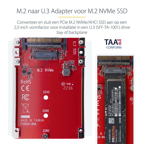 StarTech.com M.2 naar U.3 Adapter voor M.2 NVMe SSDs, PCIe M.2 Schijf naar 2.5inch U.3 (SFF-TA-1001) Host Adapter/Converter, TAA Compliant, 2.5" Drive Form Factor