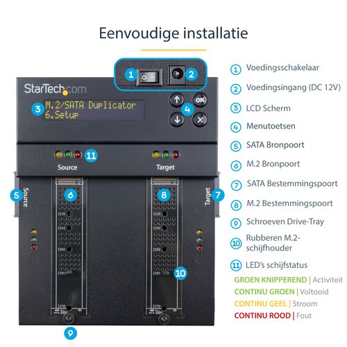 StarTech.com Standalone Dual Bay M.2 SATA/NVMe Duplicator/Wisser, HDD/SSD Cloner voor M.2 PCIe AHCI/NVMe/SATA, NIST 800-88 & DoD 5220.22-M Secure Erase, 2.5/3.5in Schijven, Hard Drive Sanitizer