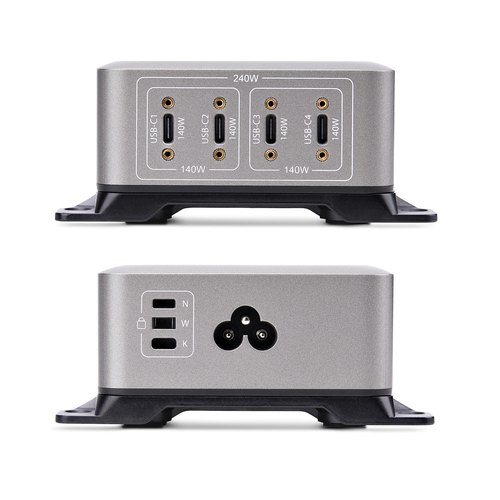 StarTech.com 4-Port Multi-Device USB-C Oplader, Totaal 240W, Single Port 140W EPR, PD 3.1, Poorten met Schroefvergrendeling, Opbouwmontage, Ideaal voor Vergaderzalen