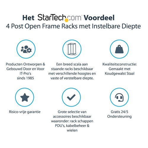 StarTech.com 4-Post 12U Mobiel Open Frame Server Rack, 19" Patchkast met Wielen en 4 Stijlen, Open Serverkast met Verstelbare Diepte voor Computer / AV / Netwerk Apparatuur - Wielen, Stelvoeten of Vloermontage