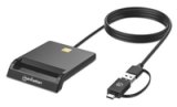 Manhattan Gecombineerde USB-C/USB-A-smartcardlezer, USB 2.0 Type-C- en Type-A-stekker naar contactlezerinterface, ondersteunt Windows, macOS en Linux, leest simkaarten met adapter (niet inbegrepen), kabel van 1 m, zwart