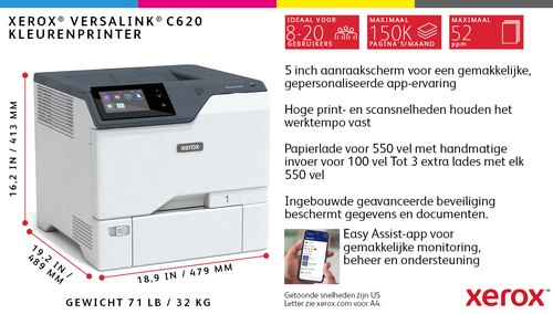 Xerox VersaLink C620 A4 50 ppm tosidig skriver PS3 PCL5e/6 2 skuffer 650 ark