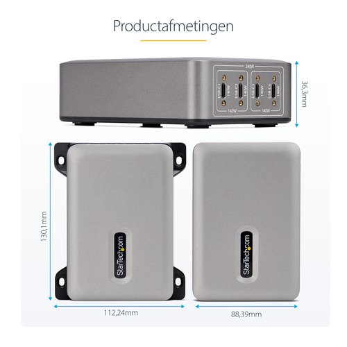 StarTech.com 4-Port Multi-Device USB-C Oplader, Totaal 240W, Single Port 140W EPR, PD 3.1, Poorten met Schroefvergrendeling, Opbouwmontage, Ideaal voor Vergaderzalen