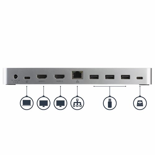 StarTech.com Dual-Monitor USB-C docking station, 60W Power Delivery voor Windows Laptops, USB Type-C naar HDMI / DVI Dock, USB 3.1 Gen 1 Type C Dock met Lader, 5x USB, Thunderbolt 3 Compatibel