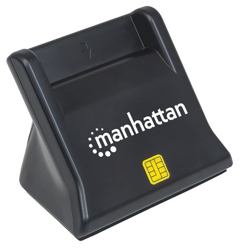 Manhattan USB-A smartcard-/SIM-kaartlezer, 480 Mbps (USB 2.0), verticaal desktopontwerp, frictie-insteekslot, kabel van 86 cm, zwart, 3 jaar garantie