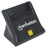 Manhattan USB-A smartcard-/SIM-kaartlezer, 480 Mbps (USB 2.0), verticaal desktopontwerp, frictie-insteekslot, kabel van 86 cm, zwart, 3 jaar garantie