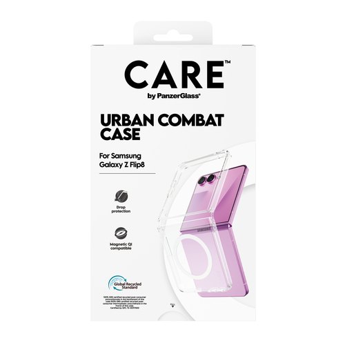 PanzerGlass CARE™ by ® Urban Combat Case Transparent w. White Qi Samsung Galaxy Z Flip7 | Z Flip8 mobiele telefoon behuizingen Hoes Transparant